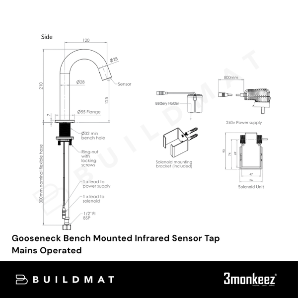 3monkeez Gooseneck Bench Mounted Infrared Sensor Tap Mains Operated Stainless Steel