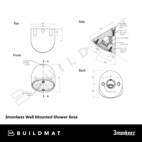 3monkeez Wall Mounted Shower Rose Stainless Steel