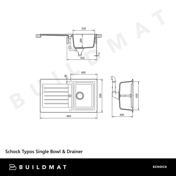 Schock Typos Single Bowl With Drainer Onyx Right Hand Bowl 1 Tap Hole Black