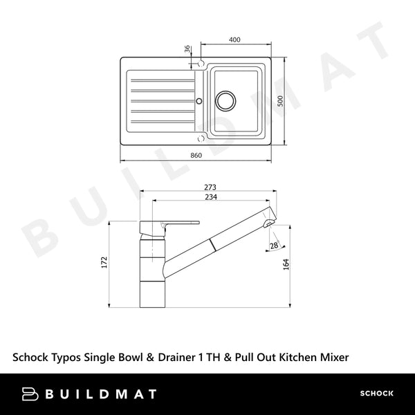 Schock Typos Single Bowl With Right Hand Bowl 1 Tap Hole and Pull Out Kitchen Mixer Onyx Black