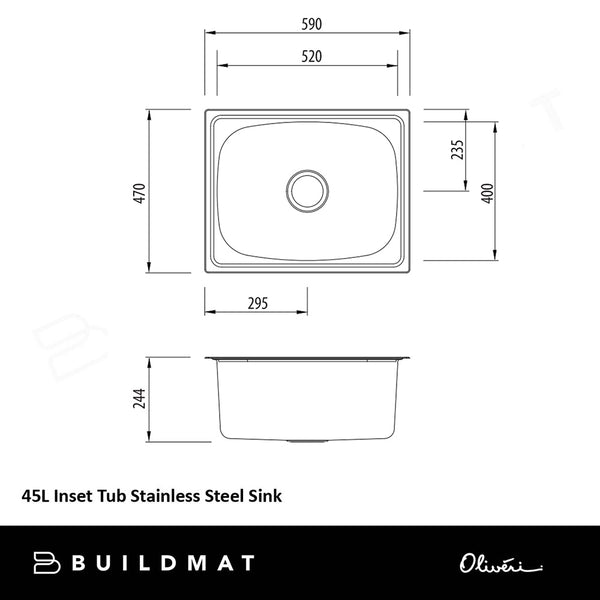 Oliveri 45L Inset Tub Right Taphole Stainless Steel Sink
