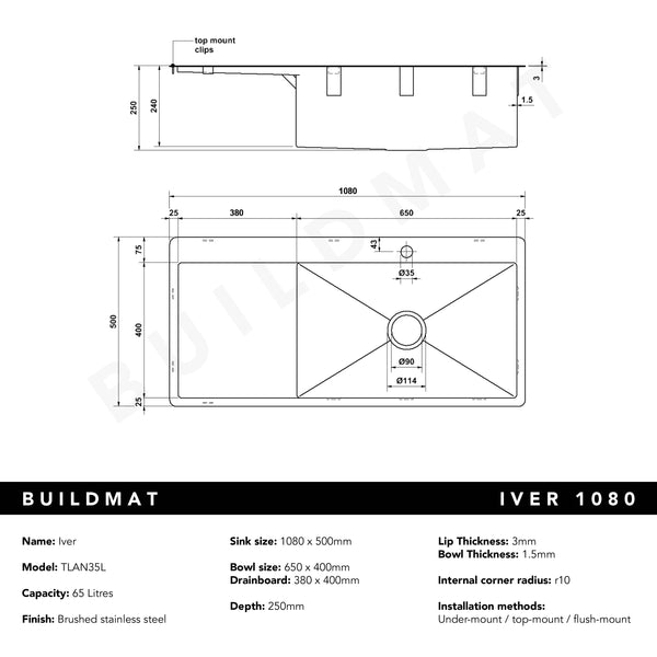 Alma Iver 1080x500 Single Bowl Tap Landing with Left Drain Board Sink