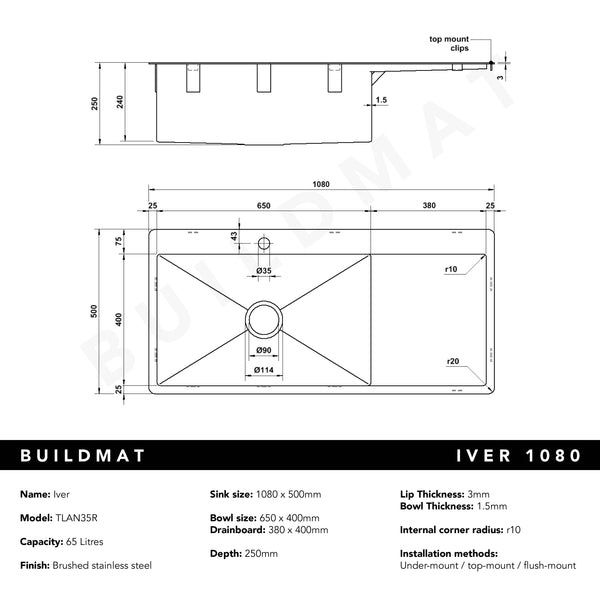 Alma Iver 1080x500 Single Bowl Tap Landing with Right Drain Board Sink