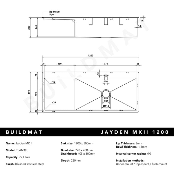 Alma Jayden MKII 1200x500 Single Bowl Tap Landing with Left Drain Board Sink