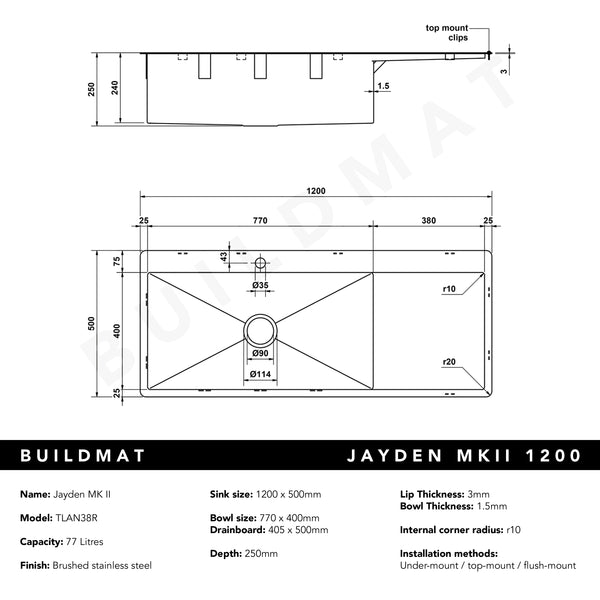 Alma Jayden MKII 1200x500 Single Bowl Tap Landing with Right Drain Board Sink