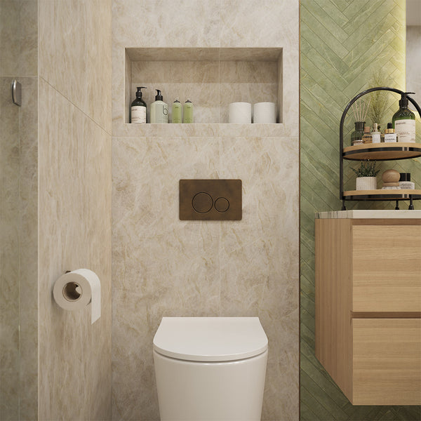 Alma Vintage Antique Brass In Wall Rimless Toilet Suite with Circle Buttons