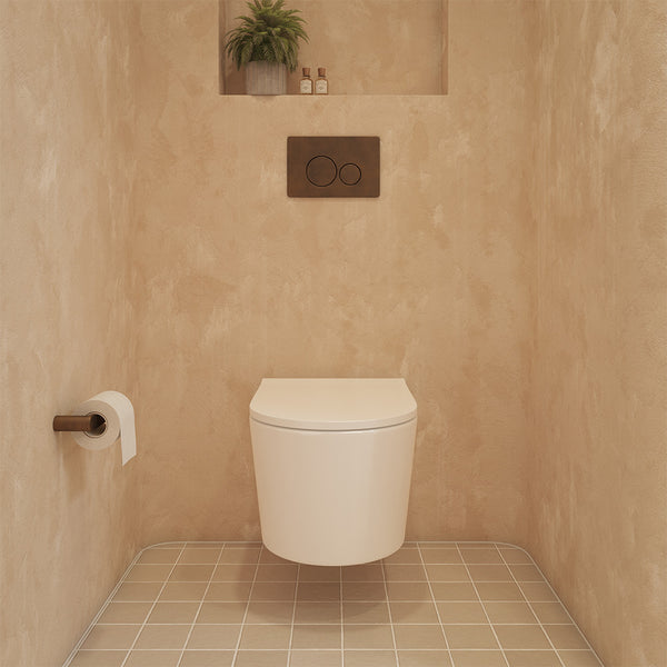 Alma Vintage Antique Brass Wall Hung Rimless Toilet Suite with Circle Buttons