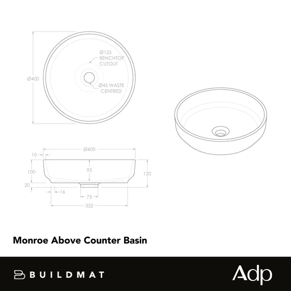 ADP Monroe Above Counter Basin Matte Ivory