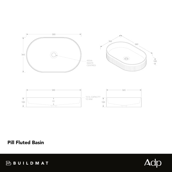 ADP Pill Fluted Above Counter Basin Matte White