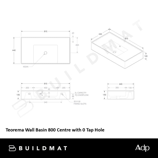 ADP Teorema Wall Basin 800 Centre with 0 Tap Hole White