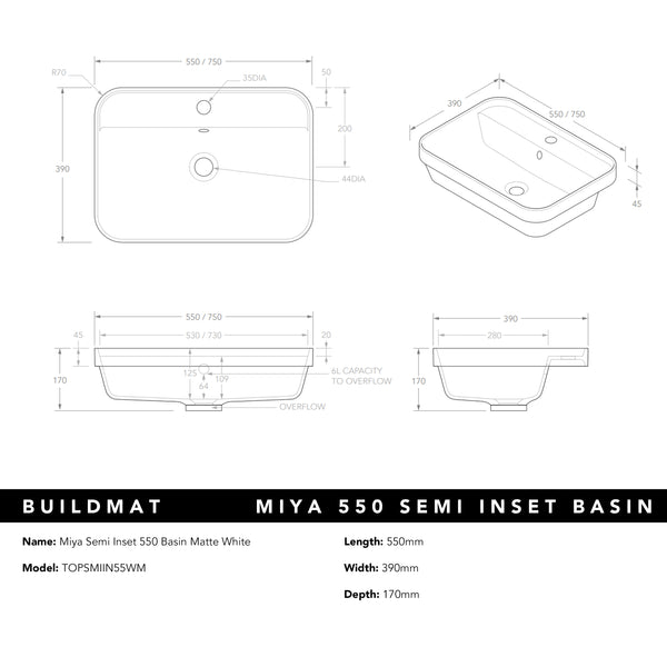 ADP Miya Semi Inset 550 Basin Matte White
