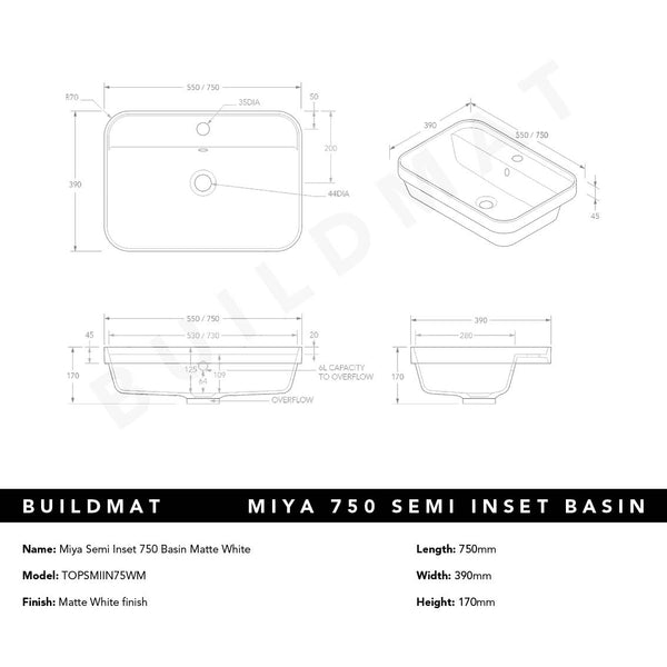 ADP Miya Semi Inset 750 Basin Matte White