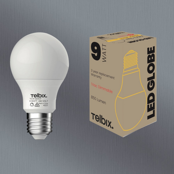 Telbix E27 A60 9W Led Globe Opal Dim 3000K