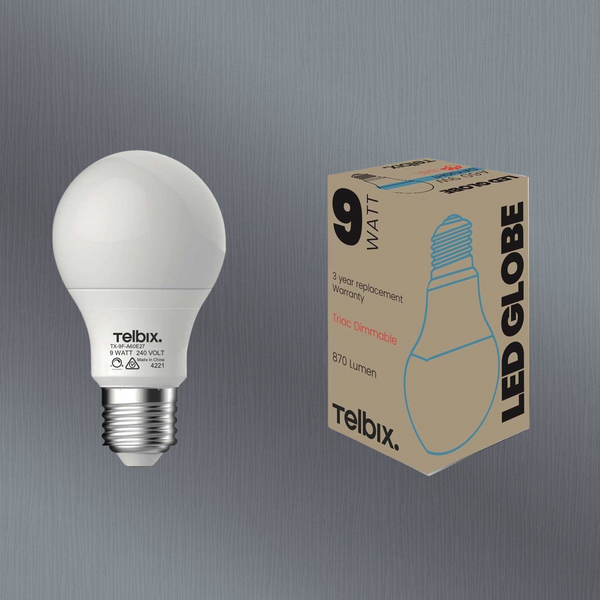 Telbix E27 A60 9W Led Globe Opal Dim 6000K