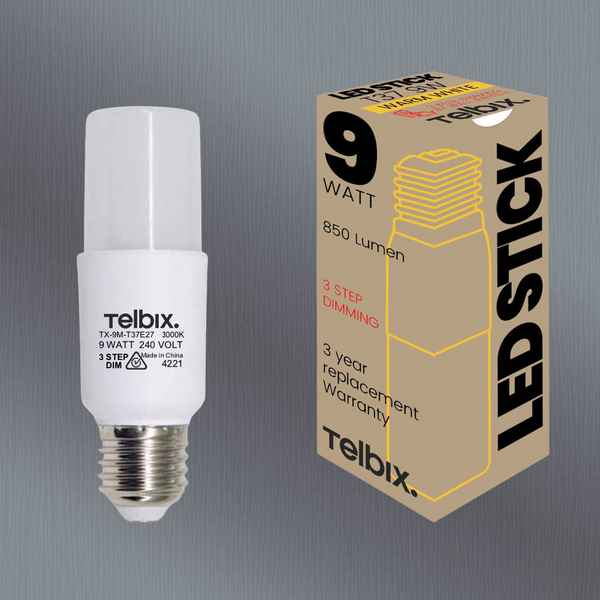 Telbix E27 T37 9W Led Stick Globe Opal 3Step Dim 3000K