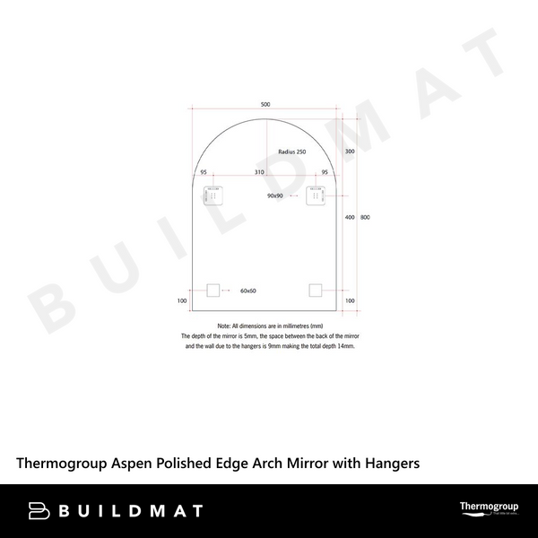 Thermogroup Ablaze Aspen Polished Edge Arch Mirror 500x800mm with Demister