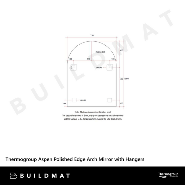 Thermogroup Ablaze Aspen Polished Edge Arch Mirror 750x1000mm with Demister