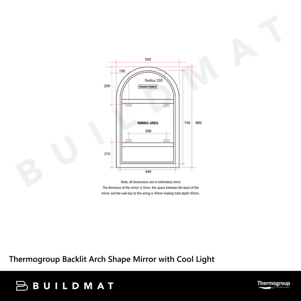 Thermogroup Ablaze Backlit Arch Shape Mirror with Warm Light 500x800x45mm 47Watts