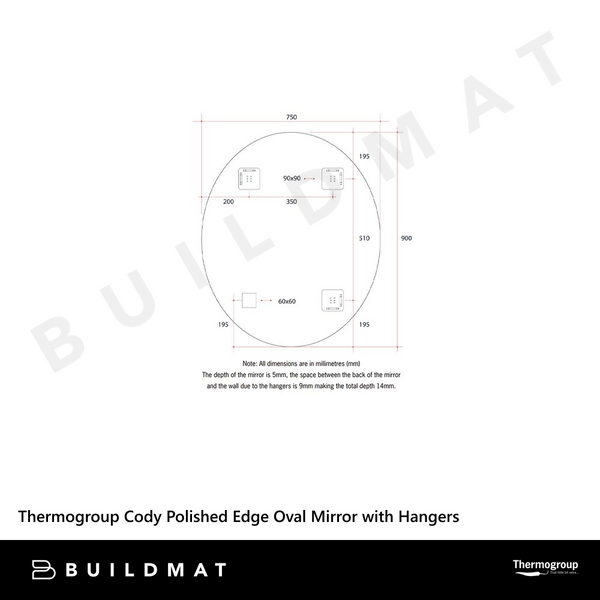 Thermogroup Ablaze Cody Polished Edge Oval Mirror 900x750mm with Demister