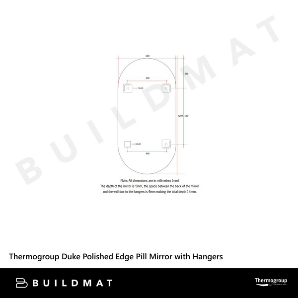 Thermogroup Ablaze Duke Polished Edge Pill Mirror 600x1200mm with Demister
