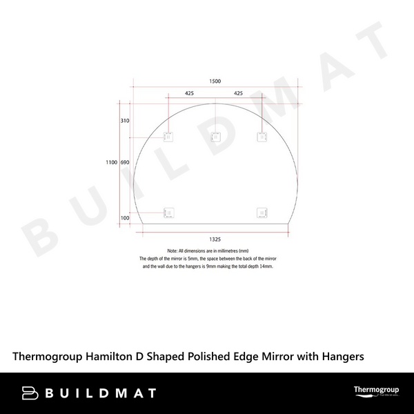 Thermogroup Ablaze Hamilton D Shaped Polished Edge Mirror 1500x1100mm