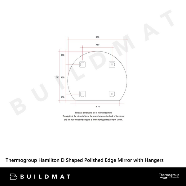 Thermogroup Ablaze Hamilton D Shaped Polished Edge Mirror 900x750mm with Demister