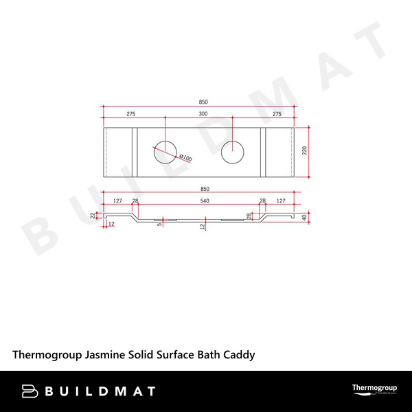 Thermogroup Jasmine Solid Surface Bath Caddy White