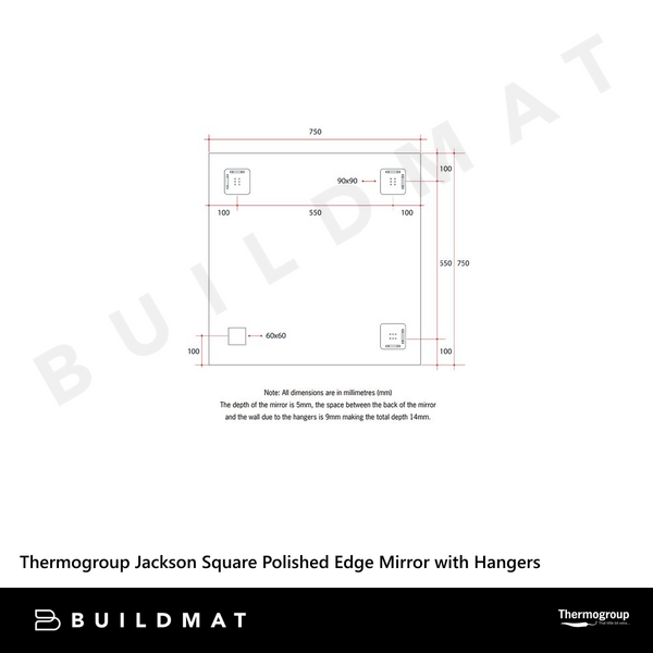 Thermogroup Ablaze Jackson Square Polished Edge Mirror 750x750mm with Demister
