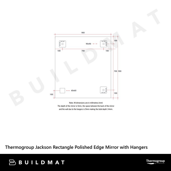 Thermogroup Ablaze Jackson Rectangle Polished Edge Mirror 900x900mm with Demister