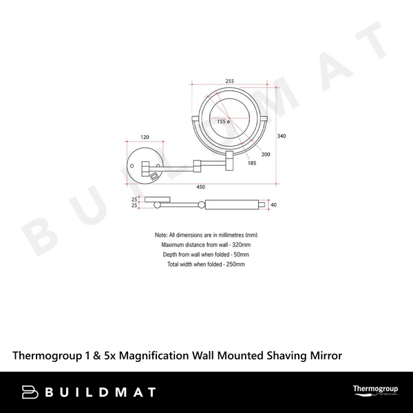 Thermogroup Ablaze 1 & 5x Magnification Wall Mounted Shaving Mirror 200mm Brushed Nickel with Concealed Wiring