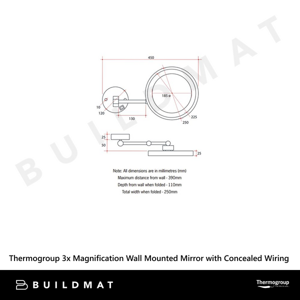 Thermogroup Ablaze 3x Magnification Wall Mounted Shaving Mirror 250mm Round Black