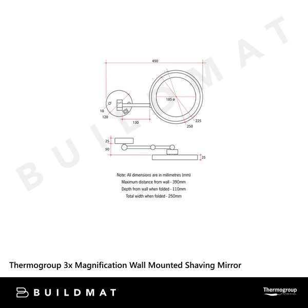 Thermogroup Ablaze 3x Magnification Wall Mounted Shaving Mirror 250mm Chrome with Exposed Wiring