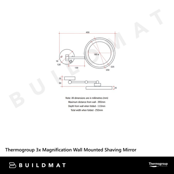 Thermogroup Ablaze 3x Magnification Wall Mounted Shaving Mirror Warm Light 250mm Chrome with Concealed Wiring