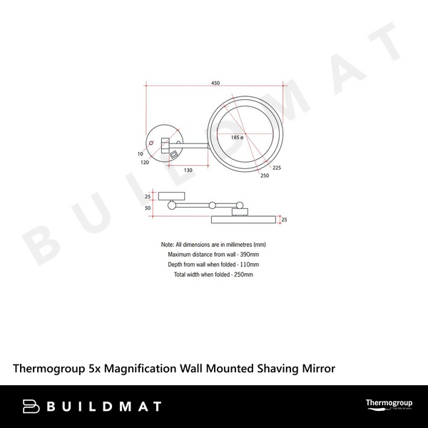 Thermogroup Ablaze 5x Magnification Wall Mounted Shaving Mirror 250mm Chrome with Exposed Wiring