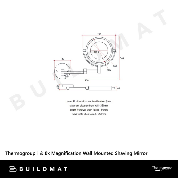 Thermogroup Ablaze 1 & 8x Magnification Wall Mounted Shaving Mirror 200mm Chrome with Concealed Wiring