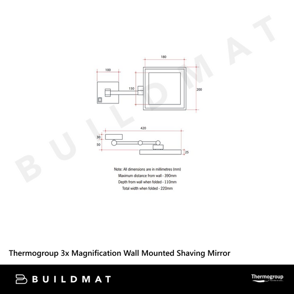 Thermogroup Ablaze 3x Magnification Wall Mounted Shaving Mirror 200mm Square Chrome