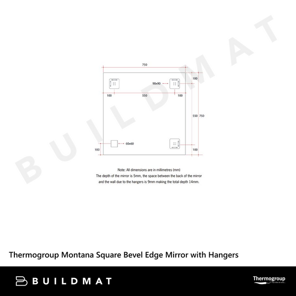 Thermogroup Ablaze Montana Square 25mm Bevel Edge Mirror 750x750mm with Demister