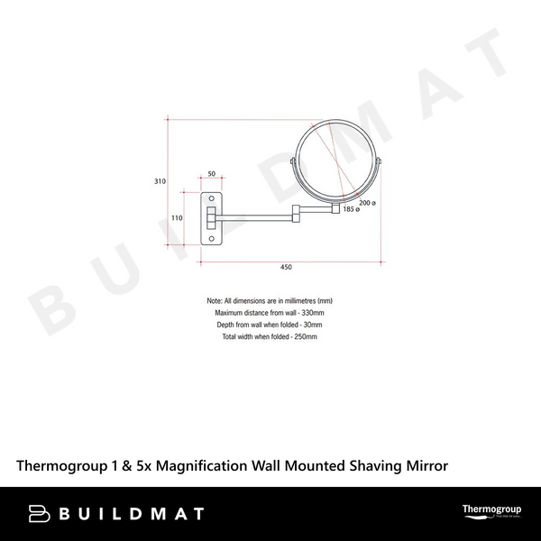 Thermogroup Ablaze 1 & 5x Magnification Wall Mounted Round Shaving Mirror 200mm Round Black