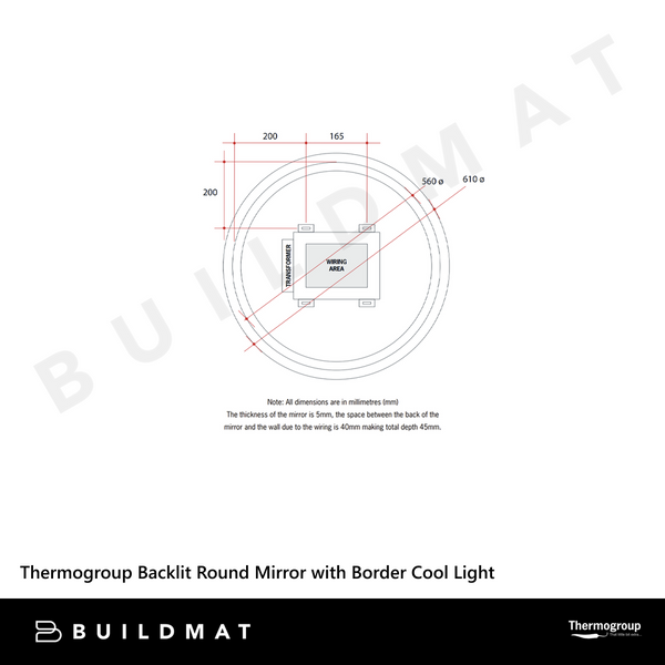 Thermogroup Ablaze Backlit Round Mirror with Border Warm Light 610mm 18 Watts