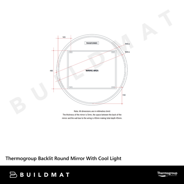 Thermogroup Ablaze Backlit Round Mirror With Cool Light 900mm 80Watts