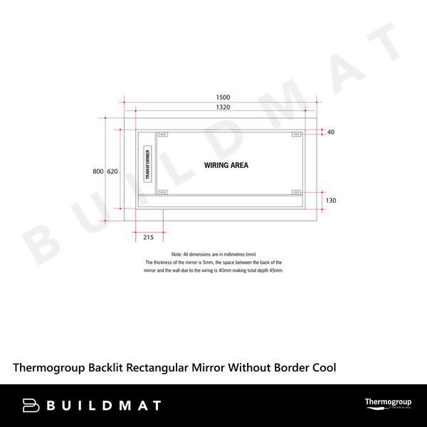 Thermogroup Ablaze Backlit Rectangular Mirror Without Border Cool 1500x800x45mm 111Watts