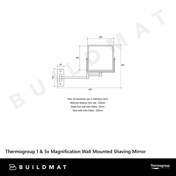 Thermogroup Ablaze 1 & 5x Magnification Wall Mounted Shaving Square Mirror 200mm Chrome