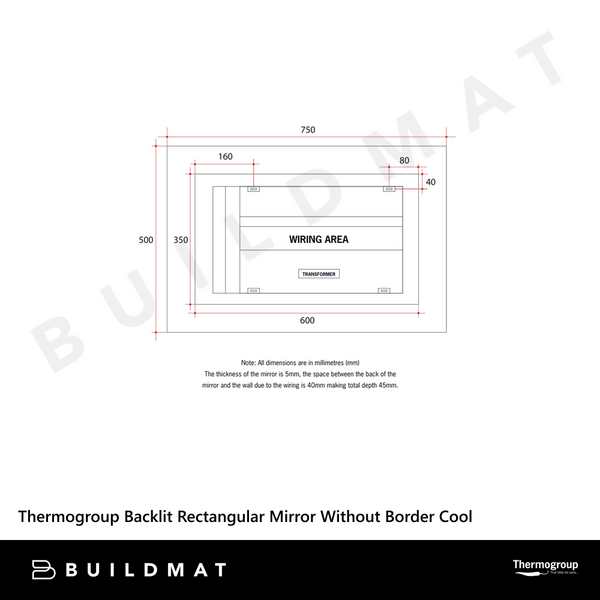 Thermogroup Ablaze Backlit Rectangular Mirror Without Border Cool 750x500x45mm 35Watts