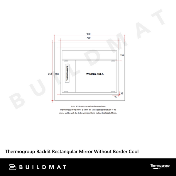Thermogroup Ablaze Backlit Rectangular Mirror Without Border Cool 900x750x45mm 57Watts