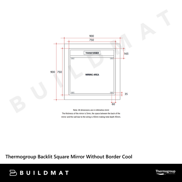 Thermogroup Ablaze Backlit Square Mirror Without Border Cool 900x900x45mm 83Watts