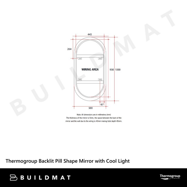 Thermogroup Ablaze Backlit Pill Shape Mirror with Cool Light 500x1000x45mm 61Watts