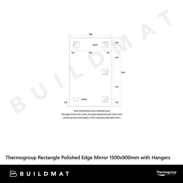 Thermogroup Ablaze Sierra Rectangle Polished Edge Mirror with Sandblasted Border 1500x900mm with Hangers and Demister