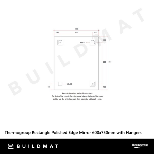 Thermogroup Ablaze Sierra Rectangle Polished Edge Mirror with Sandblasted Border 600x750mm with Hangers and Demister