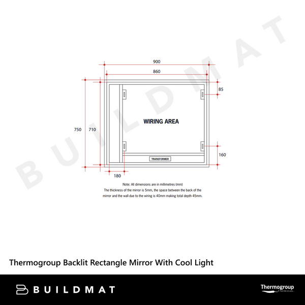 Thermogroup Ablaze Backlit Rectangle Mirror With Cool Light 750x900mm 85Watts