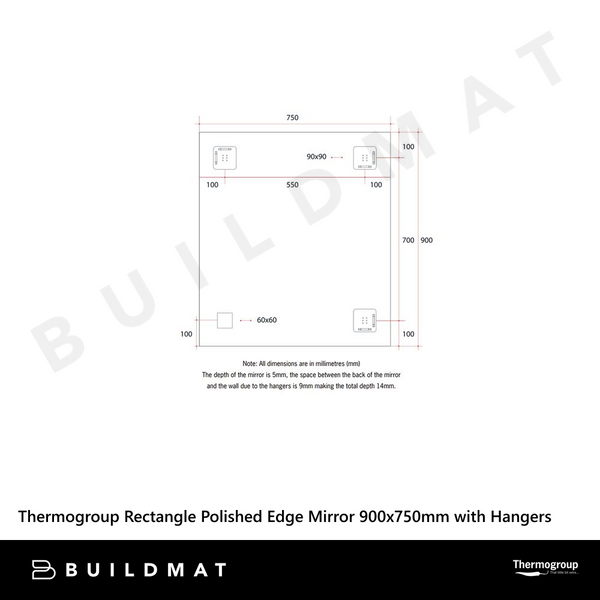 Thermogroup Ablaze Sierra Rectangle Polished Edge Mirror with Sandblasted Border 900x750mm with Hangers